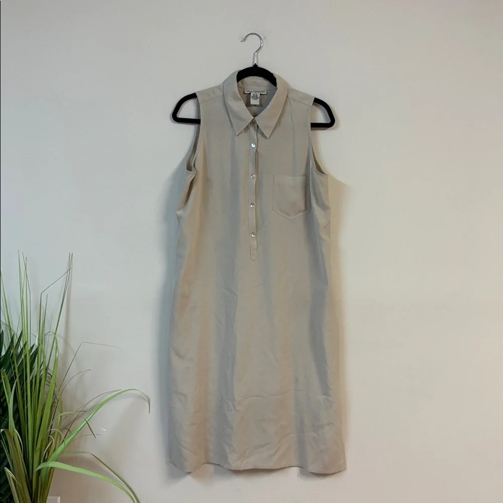 Vintage Casual Connection beige Sleeveless Beige Shirt Dress size L 100% silk - Picture 3 of 5